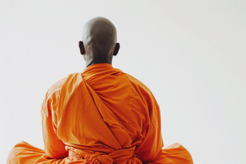 Aufkleber - A bald man wearing an orange robe is sitting down. This image can be used to depict meditation, spirituality, or relaxation