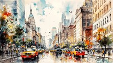 New York Watercolor Style Illustration Of Downtown