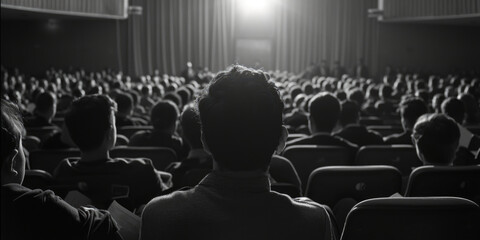 Poster - A crowd of people sitting in front of a stage. Suitable for event promotions or concert advertisements