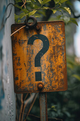 Poster - A rusted sign with a question mark symbol. Can be used to represent uncertainty or a sense of mystery.