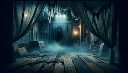 Halloween scary haunted abandoned basement room full of cobwebs and a monster peeking from the curtain background wallpaper backdrop