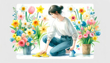 Woman Cleaning Floor Amidst Spring Flowers On White Background. Simple Watercolor Illustration For Design, Print. Spring Cleaning Concept. Housewife, Housework. Bright, Vibrant Colors