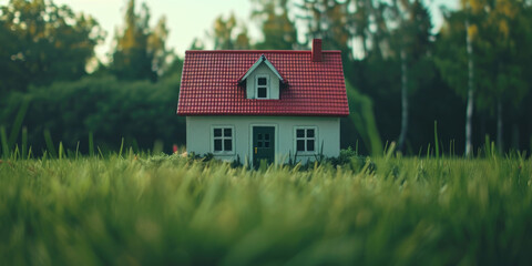 Poster - A picturesque small house surrounded by an open field. Perfect for nature lovers and those seeking a peaceful countryside retreat