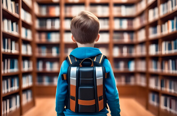 back view, little pupil in library. boy looking at bookshelf in library. education, knowledge. conce