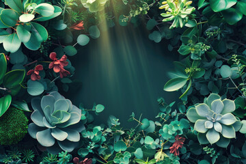 Poster - A circular arrangement of green plants and flowers. Perfect for adding a touch of nature to any space
