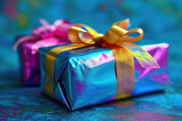 Poster - A gift wrapped in foil with a yellow bow. Perfect for any occasion