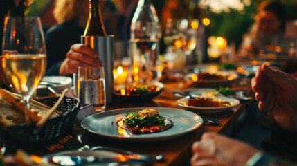 Poster - A group of people sitting at a table enjoying a meal. Perfect for restaurant promotions and food-related articles