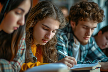 Poster - A group of young people sitting at a table engaged in writing. Suitable for educational, creative, or collaborative themes