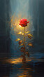 Oil painting single red rose growing under water dripping god ray AI Generated Image