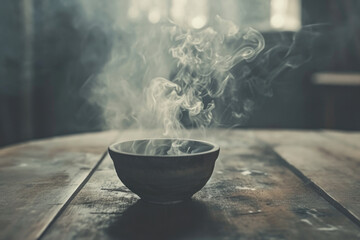 Poster - A bowl of smoke sitting on top of a wooden table. Perfect for adding a mysterious and atmospheric touch to your projects