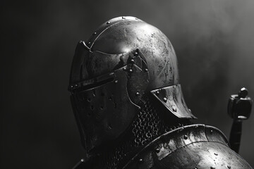 Poster - A black and white photo of a knight's helmet. Suitable for historical or medieval-themed projects