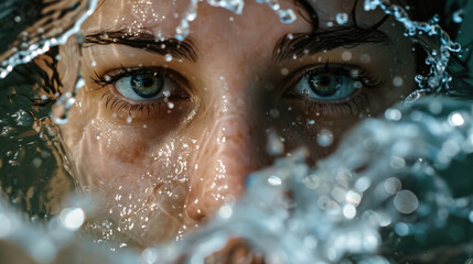 Poster - Close up of a woman's face submerged in water. Suitable for water-themed projects and advertisements
