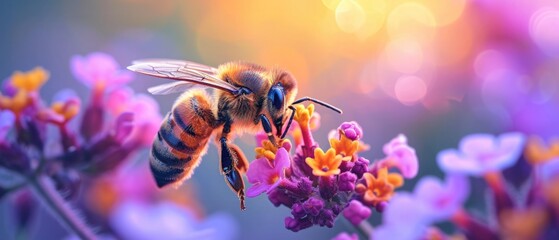 Close up photo of a bee in bright neon colors on beautiful vibrant flowers collecting nectar and pollinating. Neon pink, purple, yellow