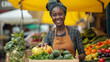 Joyful African American seller woman working at a farmers market in front of basket full of Fresh Organic Agricultural Products.