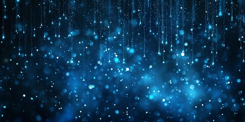 Shiny blue glitter rain draping down on black background, sparkling particles celebration background, for party, poster, greeting card, Christmas and award event.