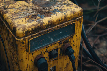 Poster - An old yellow gas pump sitting in the woods. Can be used to depict nostalgia or abandoned places
