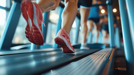 Poster - A close-up shot of a person running on a treadmill. This image can be used to depict fitness, exercise, and a healthy lifestyle