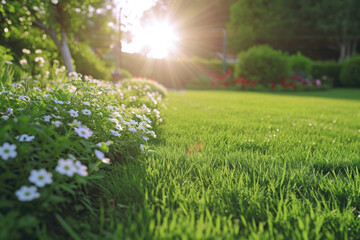 Aufkleber - A picturesque field of grass with beautiful white flowers and tall trees in the background. Perfect for nature lovers and outdoor enthusiasts