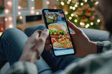 Poster - A person holding a cell phone with a hamburger on the screen. Suitable for illustrating technology and food concepts