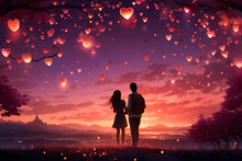 A Heartfelt Moment Of A Couple Releasing Heart-shaped Lanterns Into The Night Sky, Symbolizing The Release Of Love And Wishes On A Serene Valentine's Day.