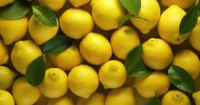 Lemon Fruit With Leaf Top Shot Pattern, Background Rotation Food, Yellow Fresh And Natural, Organic And Bio