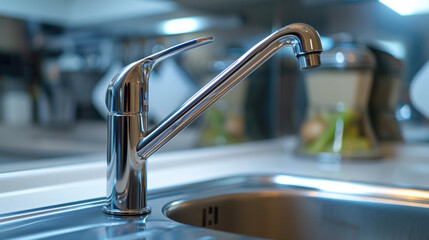 Poster - A picture of a kitchen sink with a faucet in the middle. Can be used to showcase kitchen fixtures and design ideas
