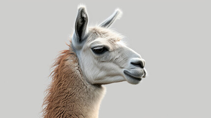 Poster - A close up photograph of a llama with a plain gray background. Suitable for various uses