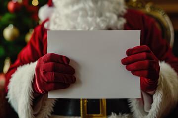 Aufkleber - Santa Claus holding a blank paper in front of a Christmas tree. This image can be used for various holiday-themed designs and promotions