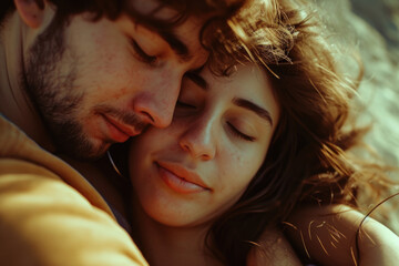 Poster - A picture of a man and a woman embracing each other. Can be used to depict love, romance, relationships, or affection