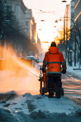 Poster - A man wearing an orange jacket operates a snow blower. Suitable for winter maintenance and snow removal