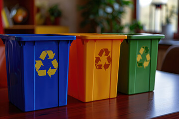 Poster - Three recycleable trash cans sitting on a table. Suitable for eco-friendly concepts