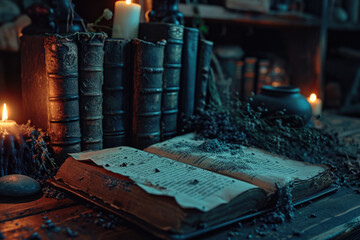 Poster - An open book sitting on top of a wooden table. Ideal for educational or literary concepts