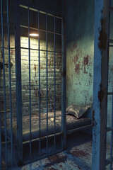 Poster - A picture of a jail cell with a bed. This image can be used to depict incarceration, prison life, or confinement