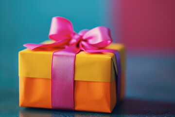 Poster - A small yellow gift box with a pink bow. Perfect for birthdays, anniversaries, or special occasions