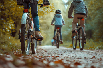 Poster - A group of people riding bikes down a dirt road. Suitable for outdoor activities and adventure themes