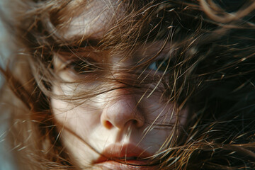 Poster - A close up shot of a person with long hair. This image can be used in various contexts