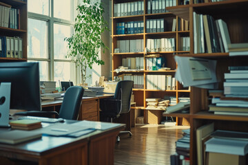 Poster - A room with a desk, computer, and bookshelves. Suitable for office or study-related designs