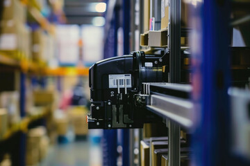 Poster - A detailed view of a shelf in a warehouse. This image can be used to depict storage, organization, or inventory management.