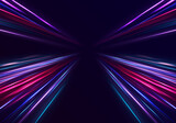 Fototapeta Perspektywa 3d - Abstract background in blue and purple neon glow colors. Vector blue glowing lines air flow effect. Speed connection background.	