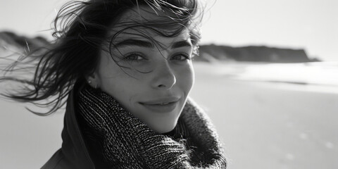 A black and white photo of a woman standing on the beach. Suitable for travel brochures and vacation-themed designs