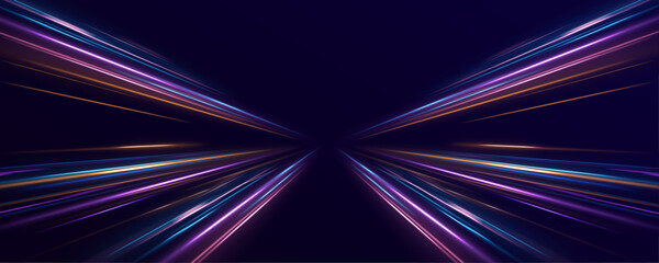 Panoramic high speed technology concept, light abstract background. Vector dark blue abstract background with ultraviolet neon glow, blurry light lines, waves. 
