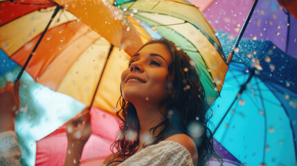 Poster - Woman holding an umbrella in the rain. Perfect for weather-related concepts and outdoor activities