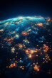 Planet Earth viewed from space with city lights and connections. World with sunrise. Conceptual image for global business or European communication technology, elements from NASA