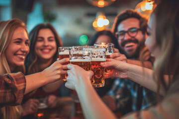 Multiracial group of happy friends having fun while toasting with beer in a bar.