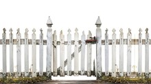 Old White Picket Fence With Gate And Wood Sidewalk