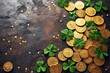 Green leprechaun hat and clover leaves on wooden table, gold lay with space for text. St. Patrick's Day celebration