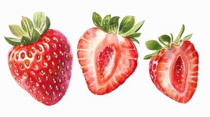 Wall Mural - Watercolor illustration set featuring ripe strawberries, vividly capturing the bright red color