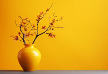 Vase with sakura branch on yellow background, copy space. AI generated
