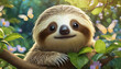 A 3D illustration of a cute baby sloth in a garden of butterflies and lush greenery.
