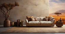 
Sofa Chair Placed In The Living Room, Organic And Natural Texture Colors, Soft Cushions, Woven Decorative Paintings, South African Decorative Style.